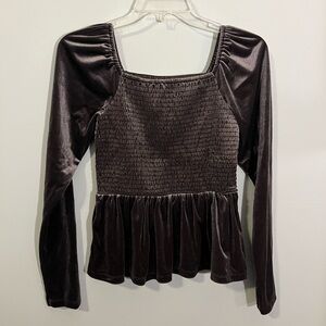 GAP Dark Gray Velvet Smocked Peplum Blouse